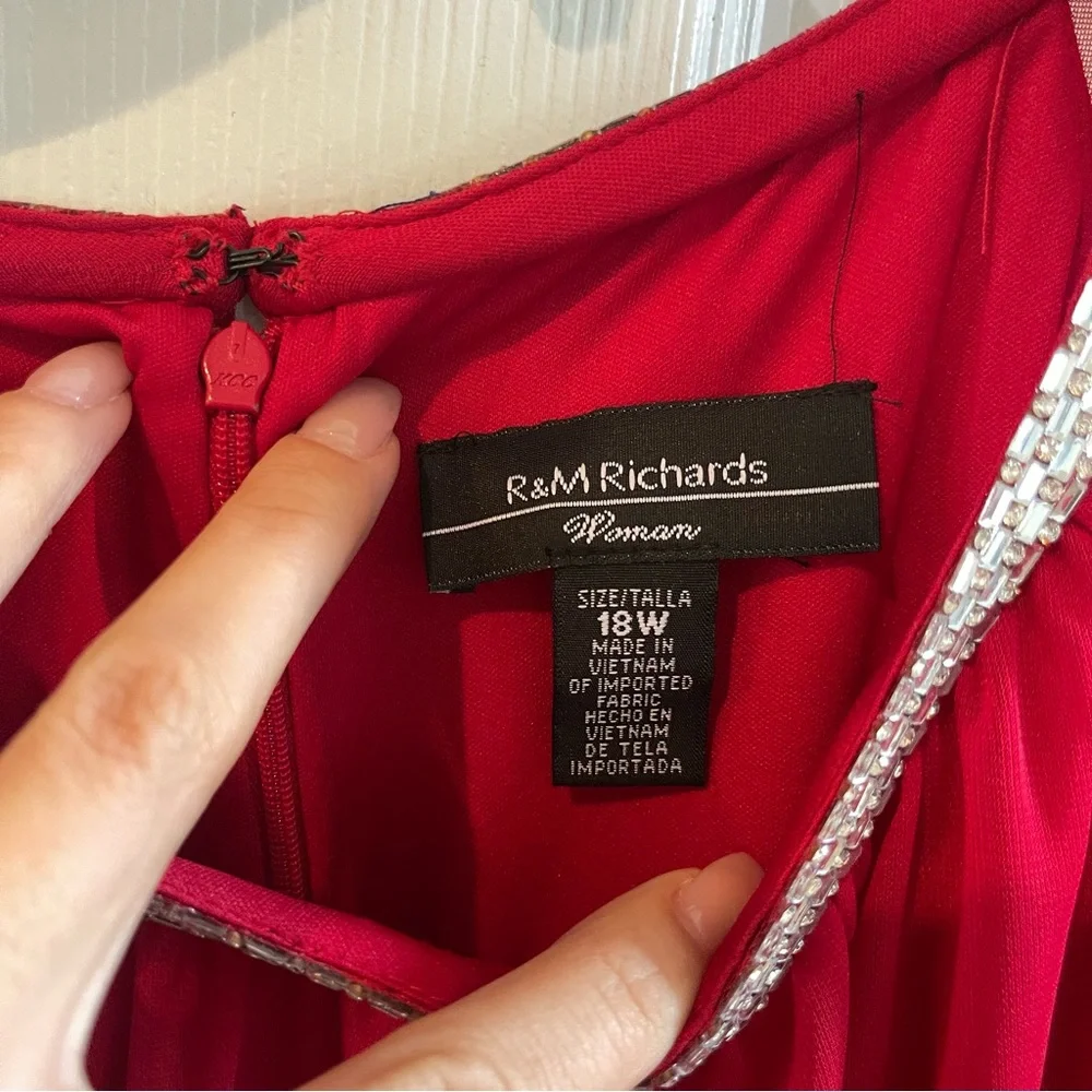 R&M Richards Sheer Cape Vibrant Red Dress with Embellished Trim